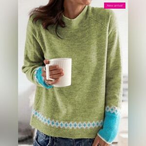 Nordic Green Sweater Mock Neck Cozy Cottagecore Eclectic Fair Isle Size Small